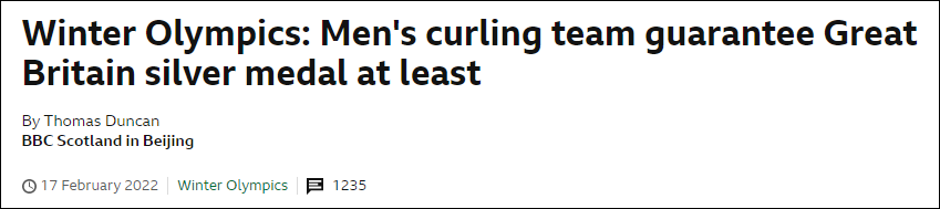 英国队终于拿下冬奥会首枚奖牌:冰壶进决赛