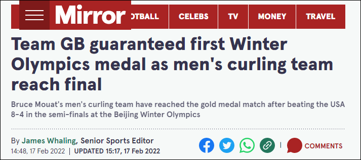 英国队终于拿下冬奥会首枚奖牌:冰壶进决赛